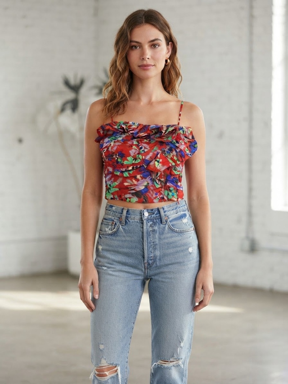 Zara Red Floral Ruffle Camisole XS Cropped zipper